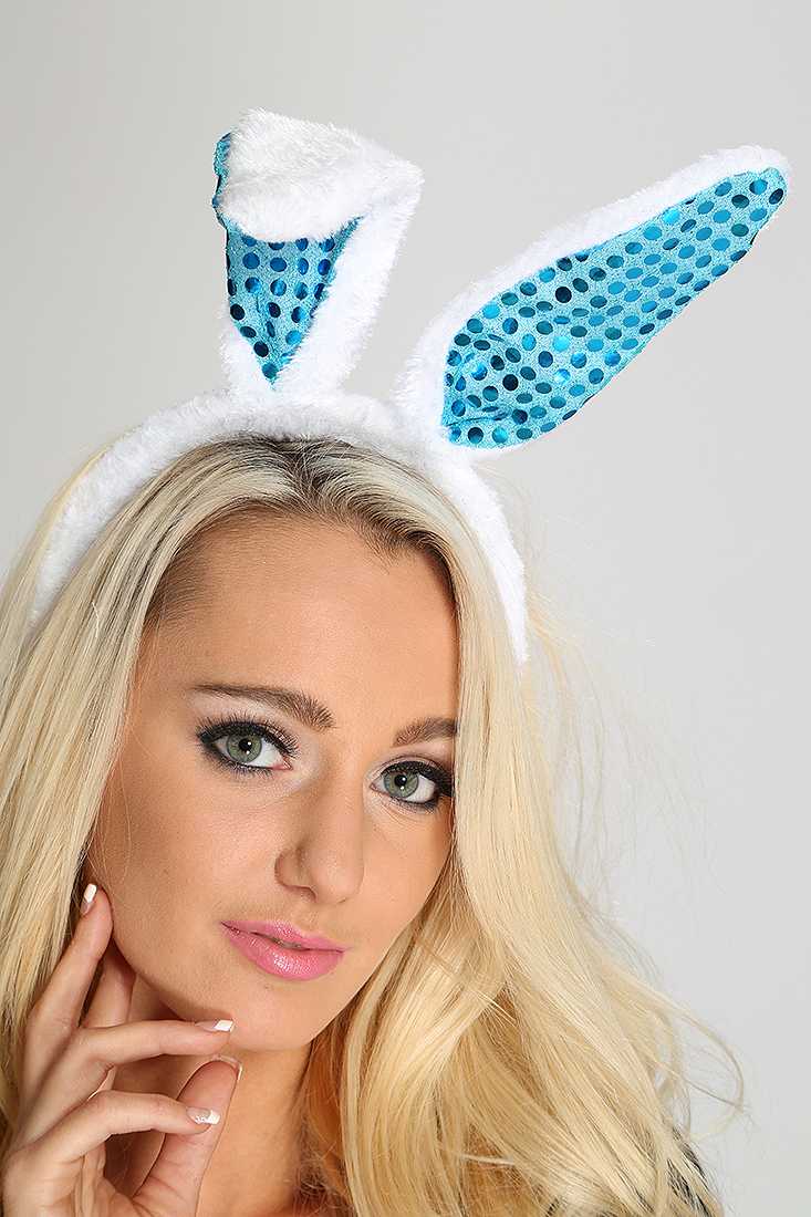 White Blue Sequin Faux Fur Bunny Ears