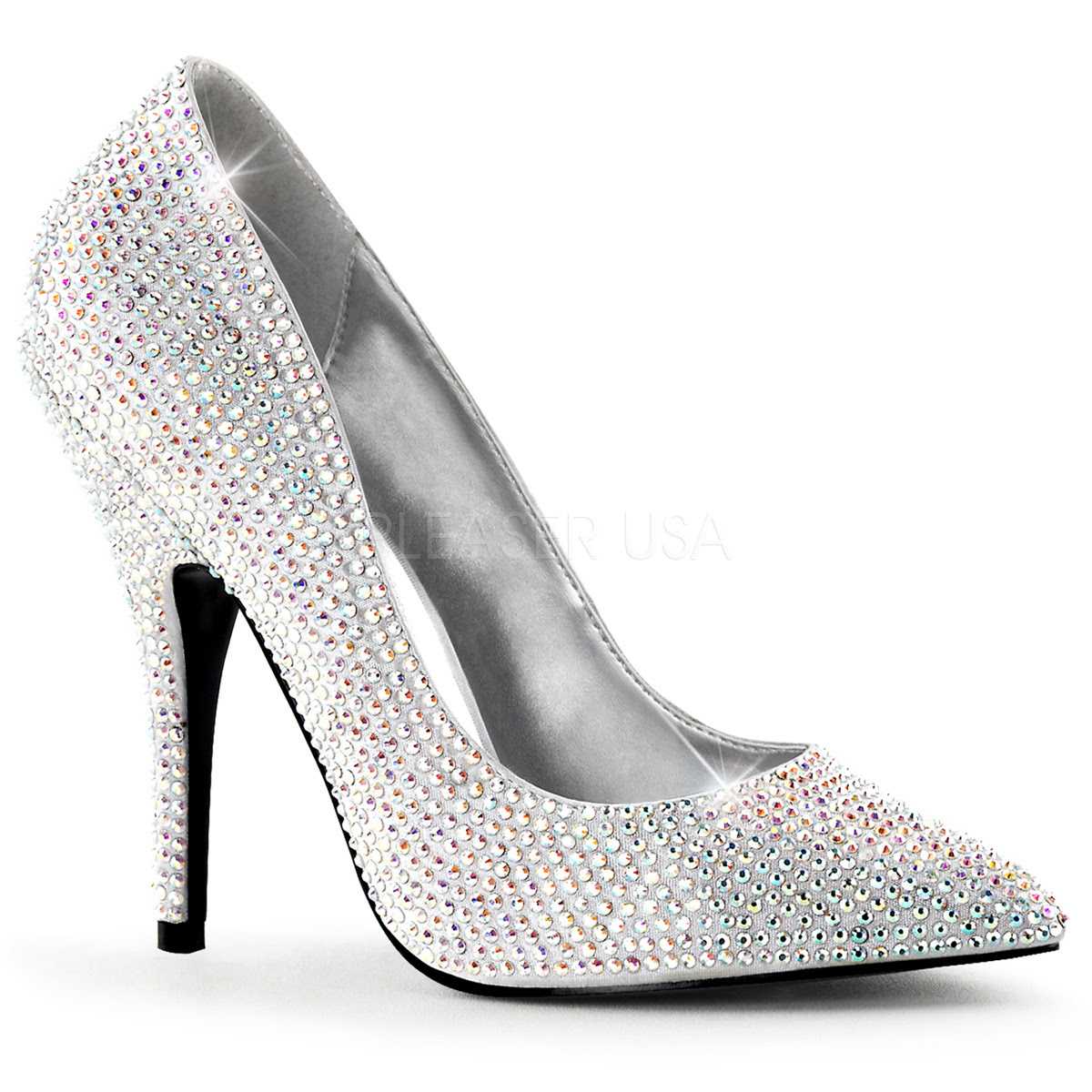 Silver Rhinestone Single Sole Pump High Heels Satin