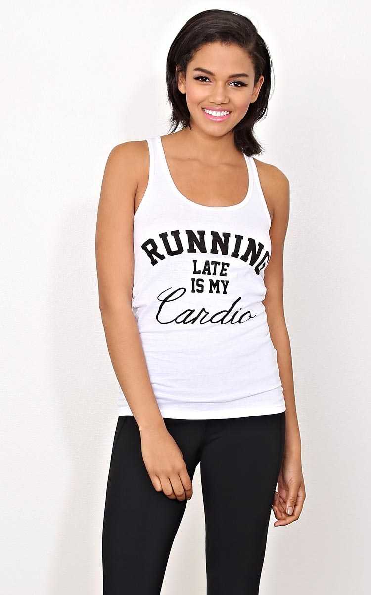 RUNNING LATE IS MY CARDIO Knit Tank - MED - White in Size Medium by Styles For Less