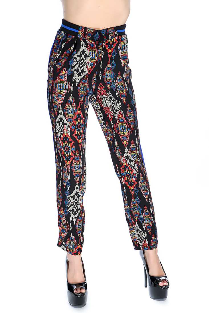 Black Royal Blue Tribal Print High Waist Pants