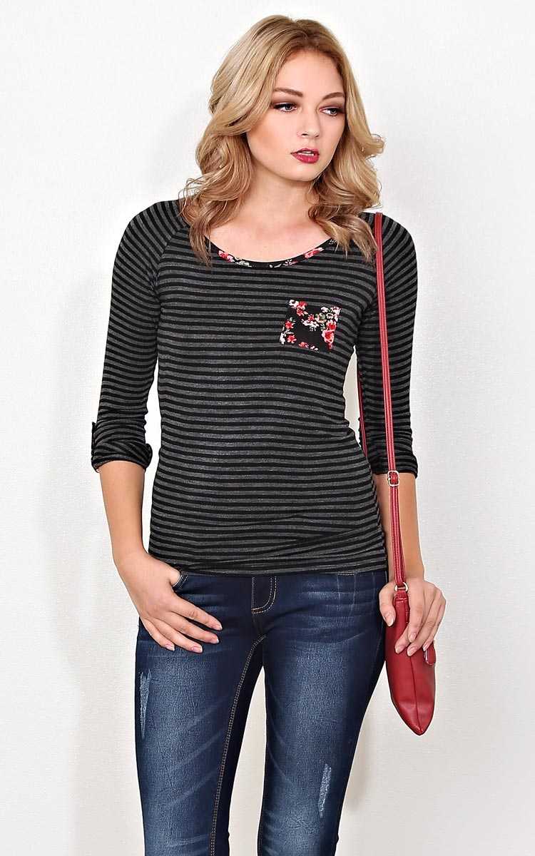 Floral Picking Knit Top - SML - Charcoal Combo in Size Small by Styles For Less