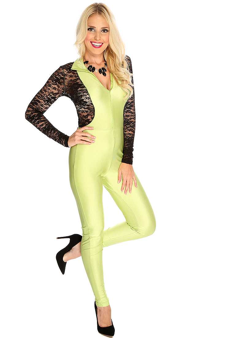 Avocado Floral Lace Zip Up Sexy Bodycon Jumpsuit
