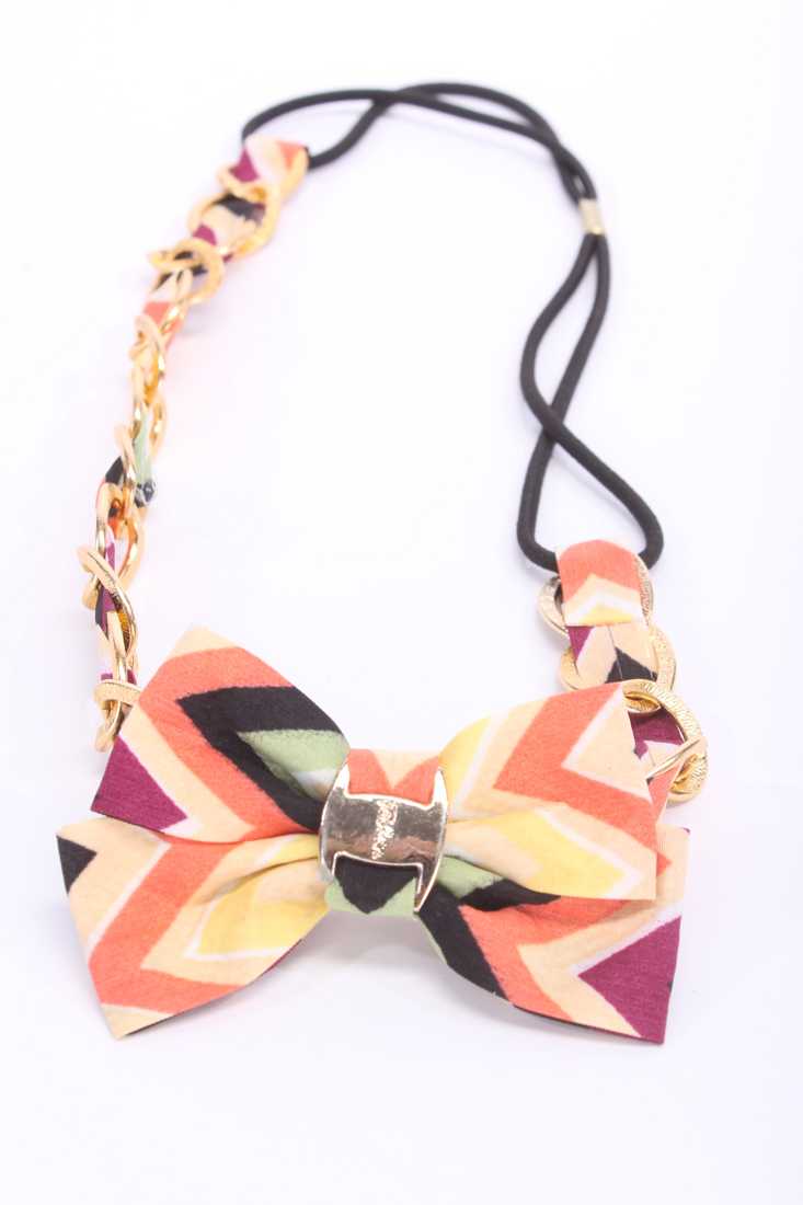 Tan Plum Striped Design Bow Accent Gold Chain Head Band