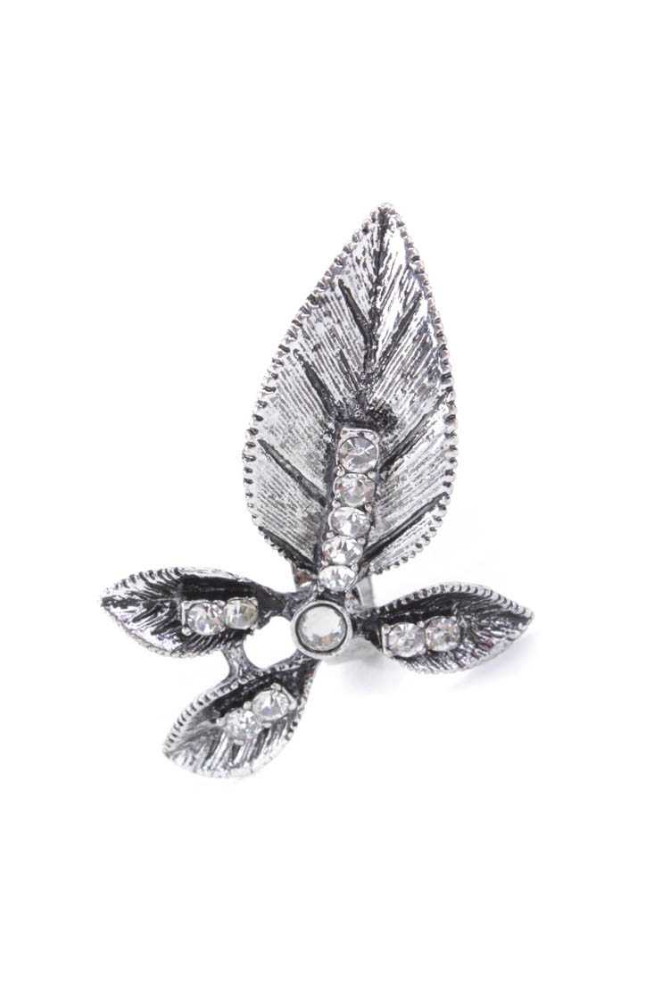 Silver Rhinestone Feather Detail Ring