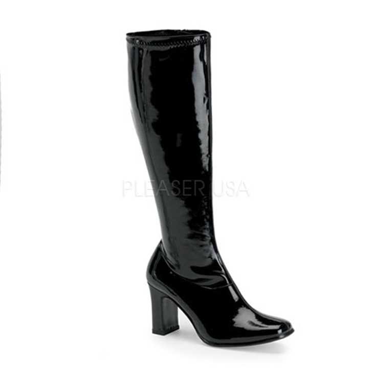 Black Stretch Patent Chunky Heel GoGo Boots