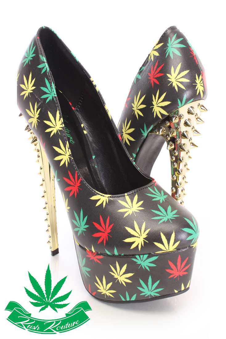 Black Herbal Leaf Pump High Heels Faux Leather