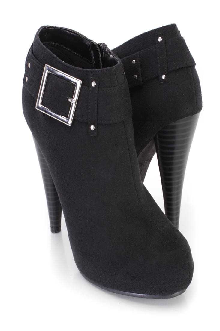 Black Buckle Strap High Heel Ankle Booties Faux Suede