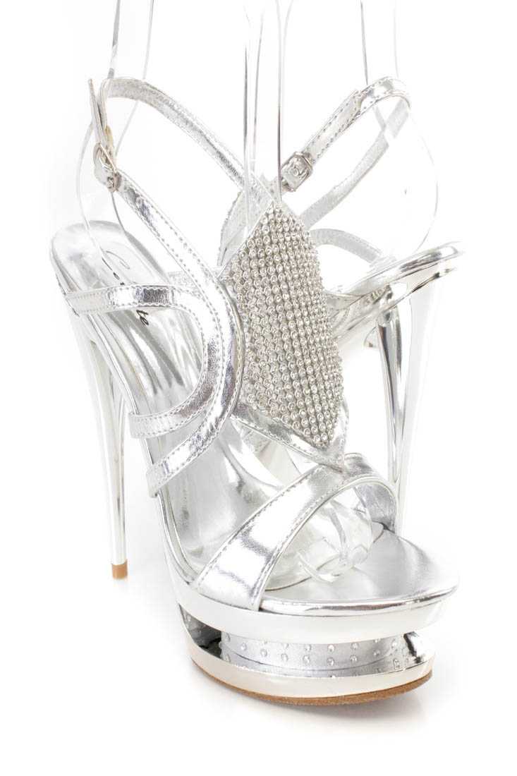 Silver Rhinestone Strappy Platform High Heels Faux Leather