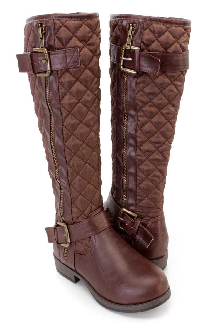 Brown Stitched Quilted Strappy Riding Boots Nylon