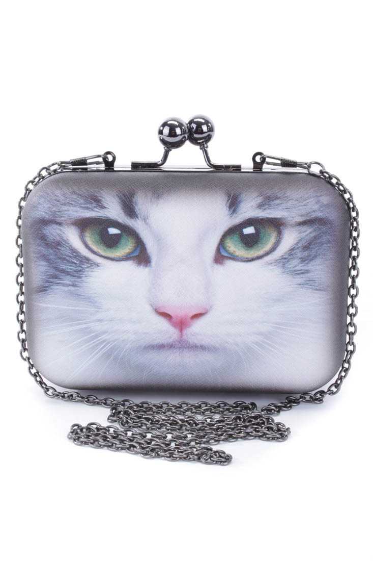 White Black Kitty Print Mini Clutch
