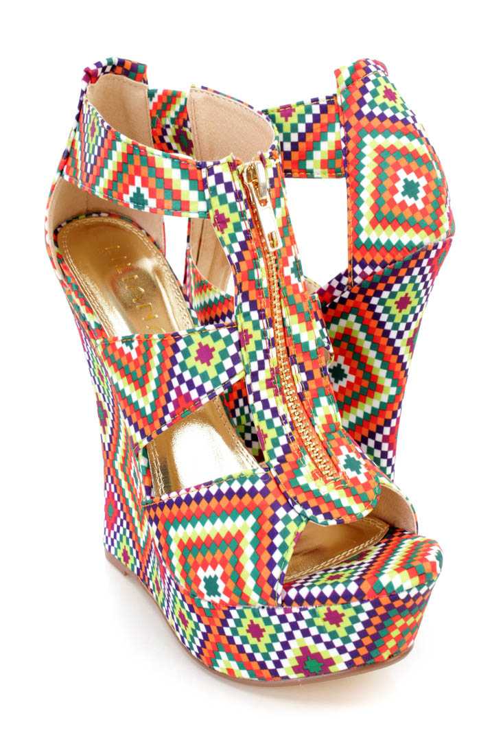 Rainbow Strappy Front Zipper Platform Wedges Fabric