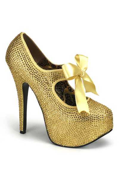 Gold Rhinestone Satin Bow Tie Platform High Heels