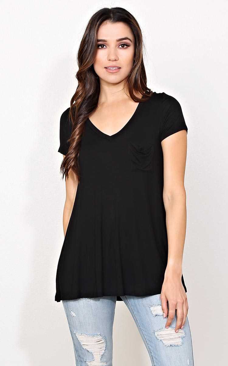 Bozzolo Black V Neck Knit Pocket Tee - - Black in Size by Styles For Less