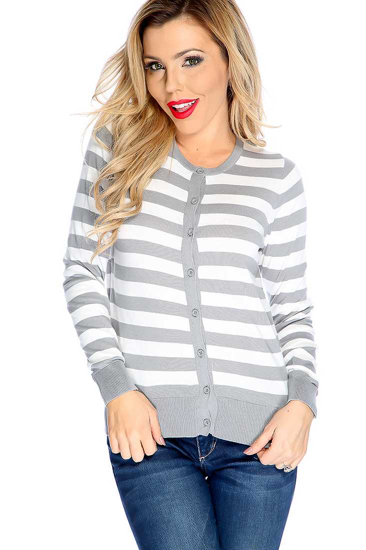 Grey White Long Sleeve Button Up Cardigan