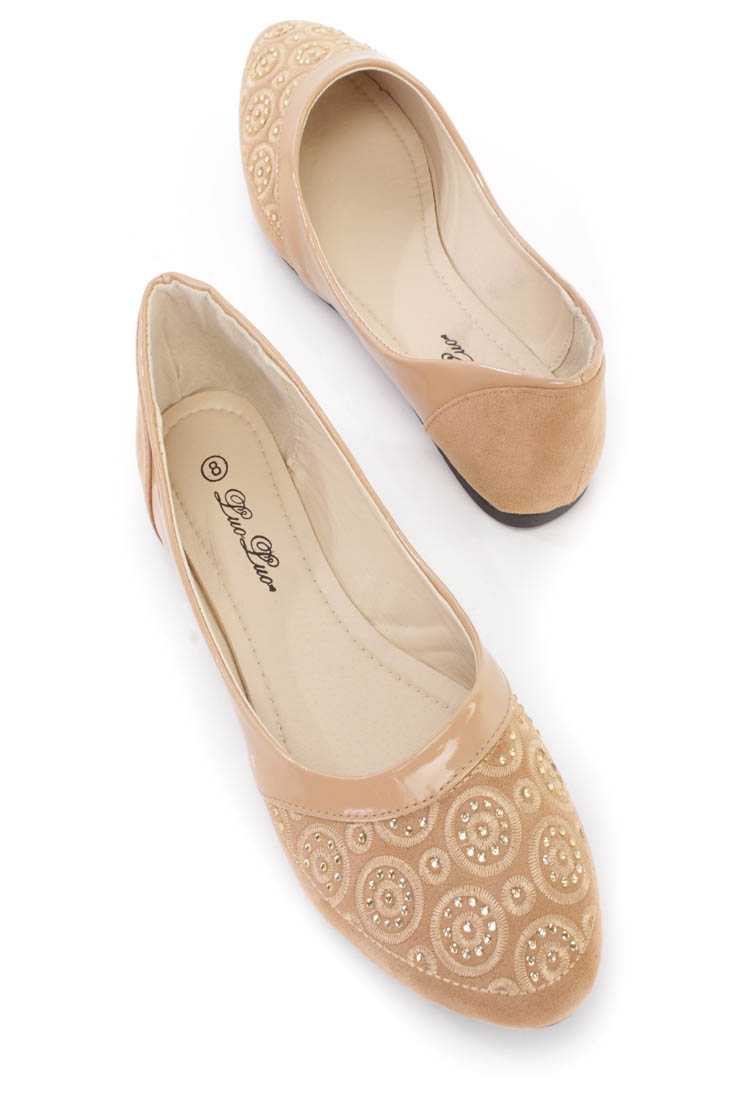 Camel Crochet Rhinestone Detailing Ballerina Flats