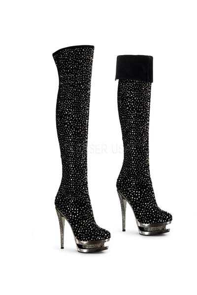 Black Faux Leather Rhinestone Embellished Thigh High Boots