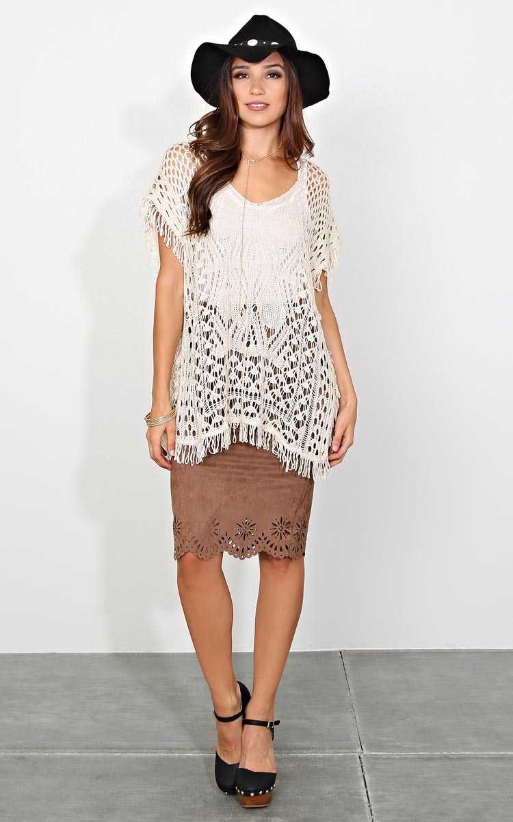 Sonny Eyelet Knit Poncho - Beige in Size S/M by Styles For Less