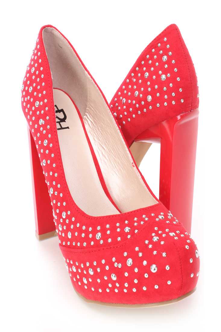 Red Studded Pump Heels Faux Suede