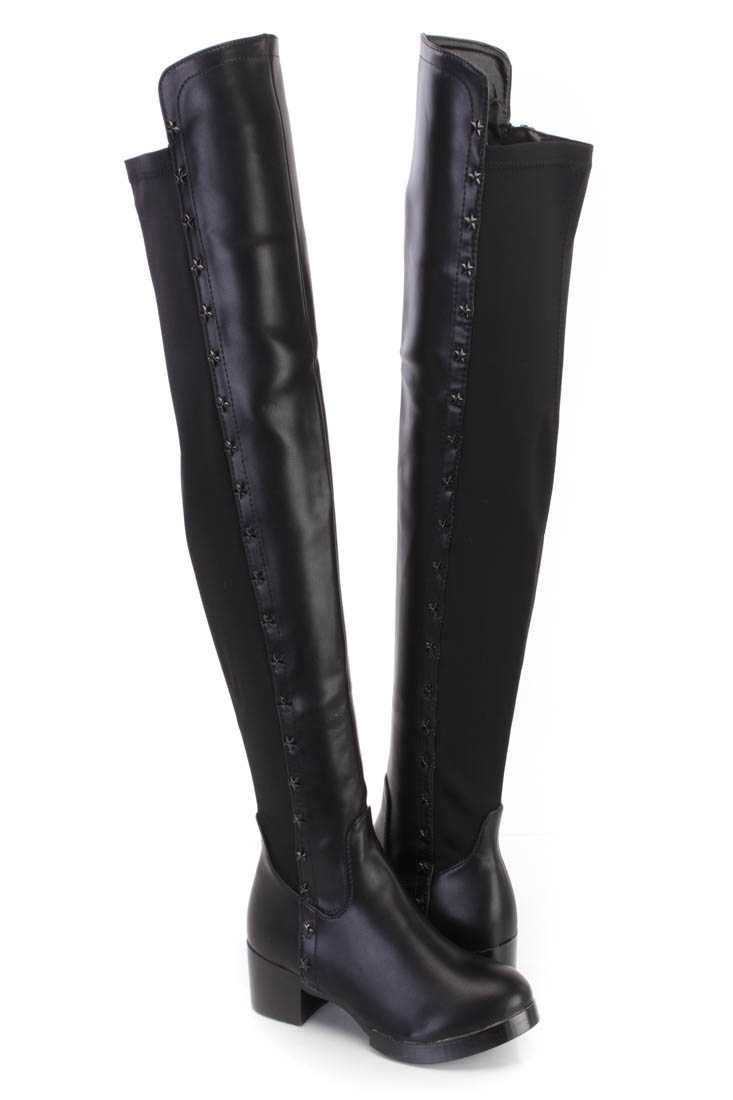 Black Star Studded Thigh High Riding Boots Faux Leather