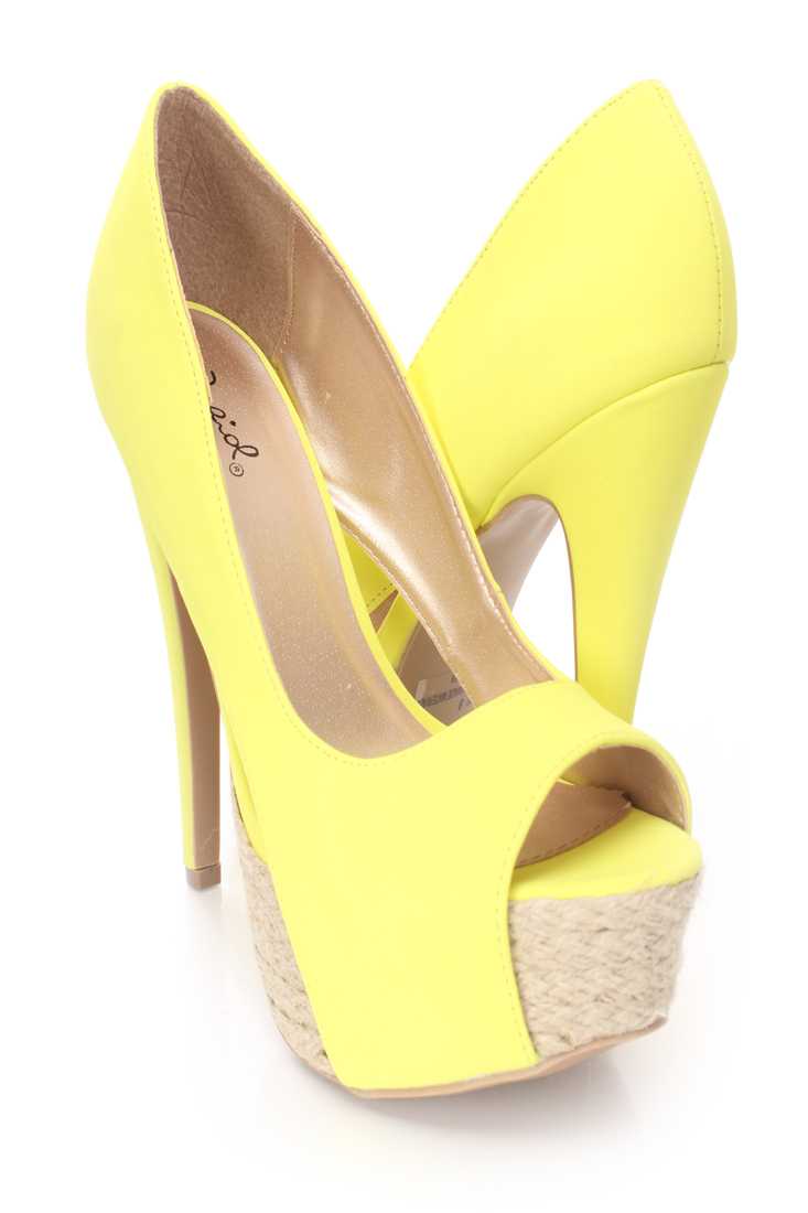 Neon Yellow Espadrille Platform Pump Heels Nubuck