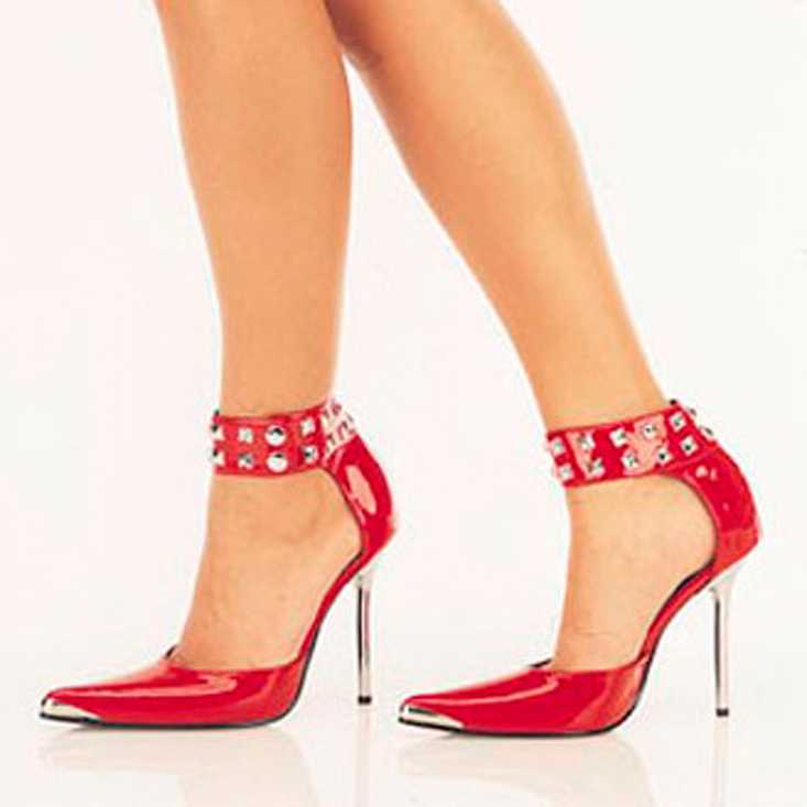 Red Studded Ankle Single Sole High Heels Patent