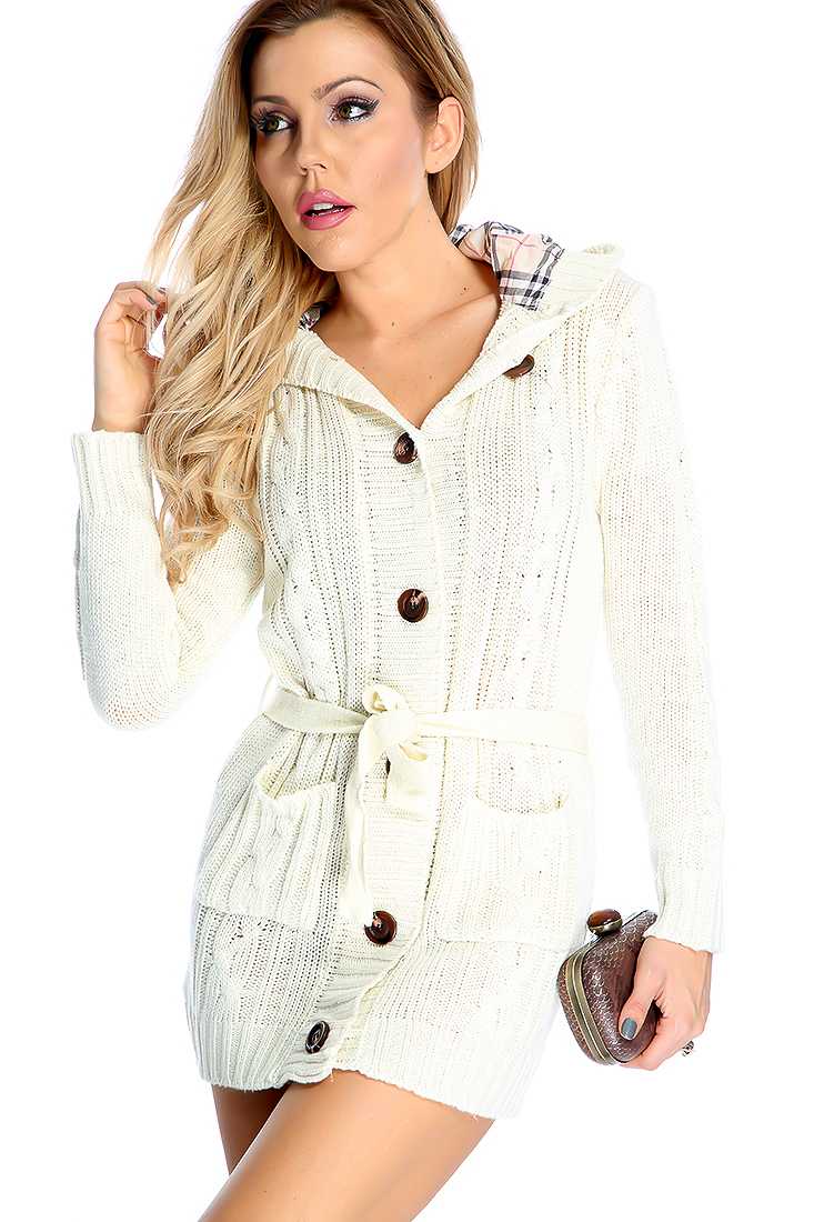 Cream Knitted Button Up Hooded Sweater