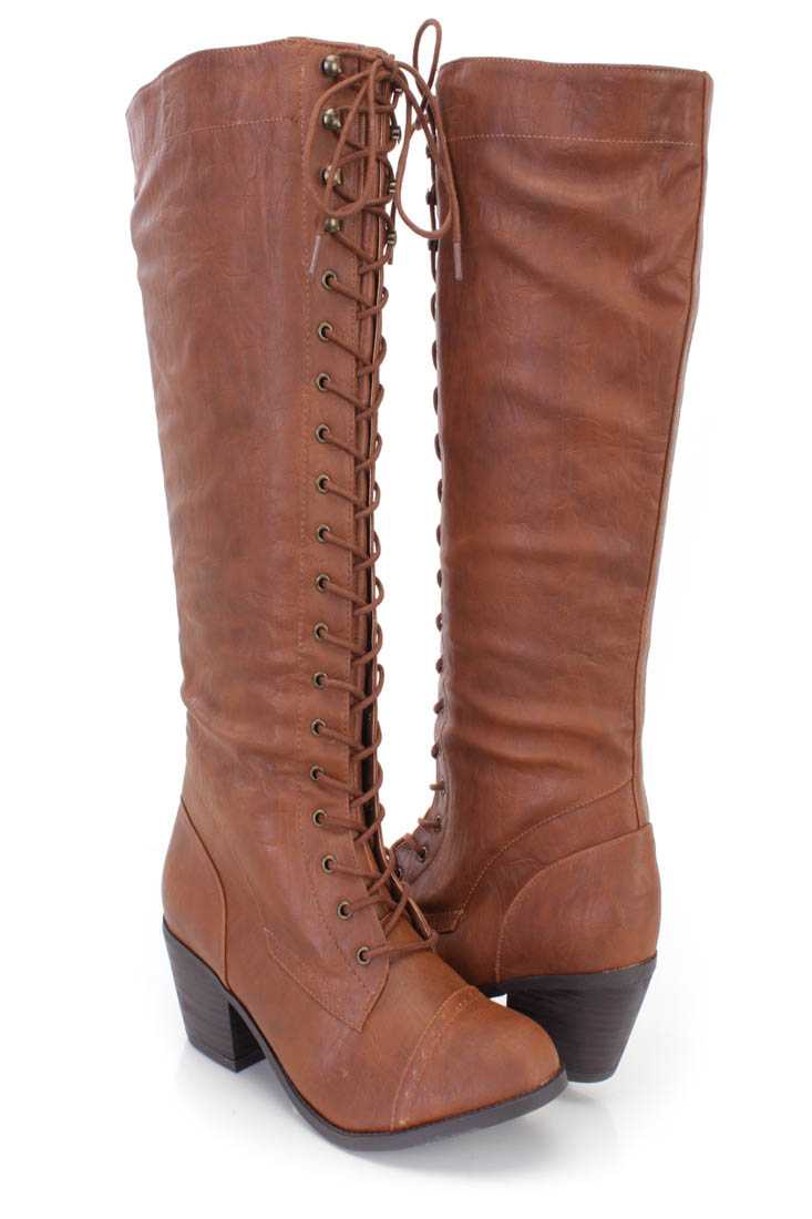 Cognac Lace Up Mid Calf Boots Faux Leather