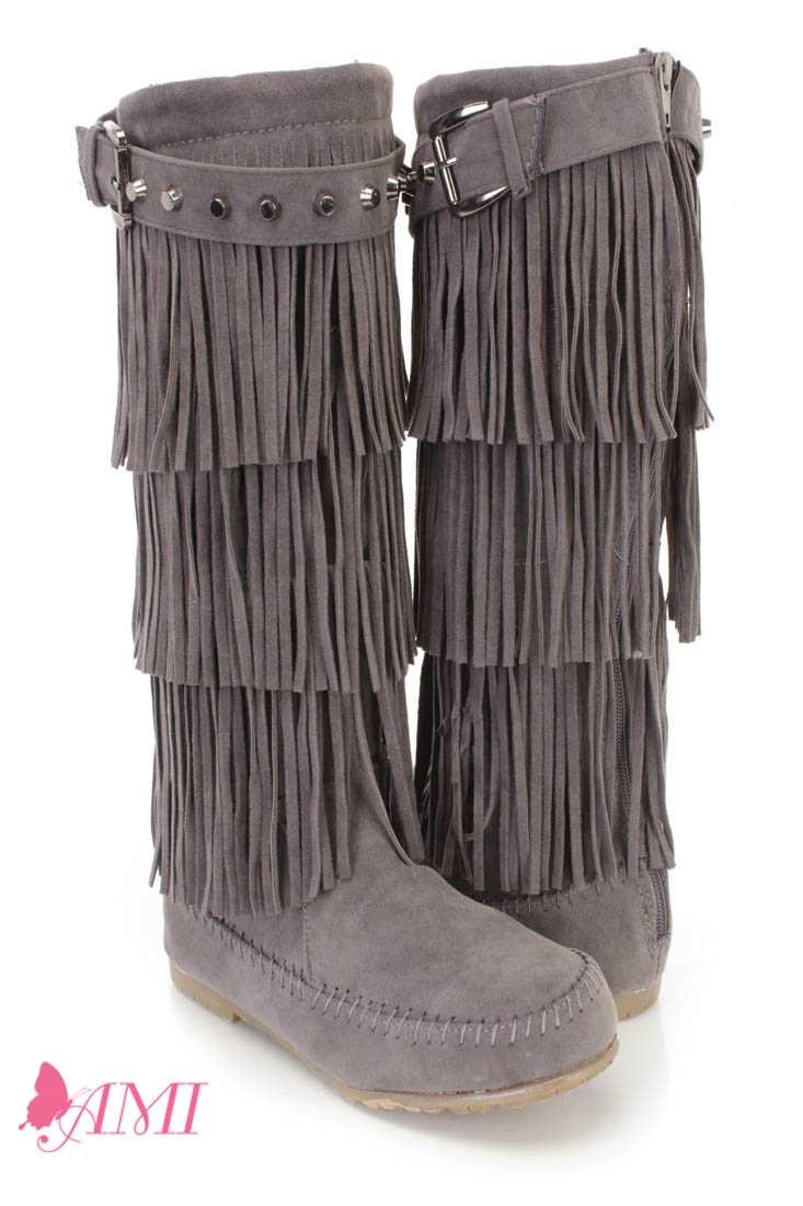 Grey Fringe Tiered Moccasin Boots Faux Suede