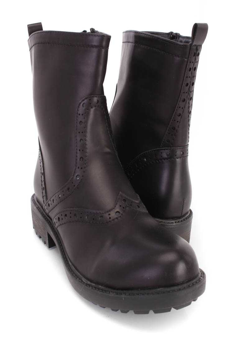 Black Perforated Stitched Booties Faux Leather