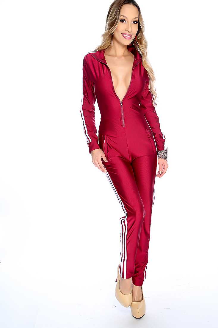 Sexy Wine Striped Zip Up Jumpsuit