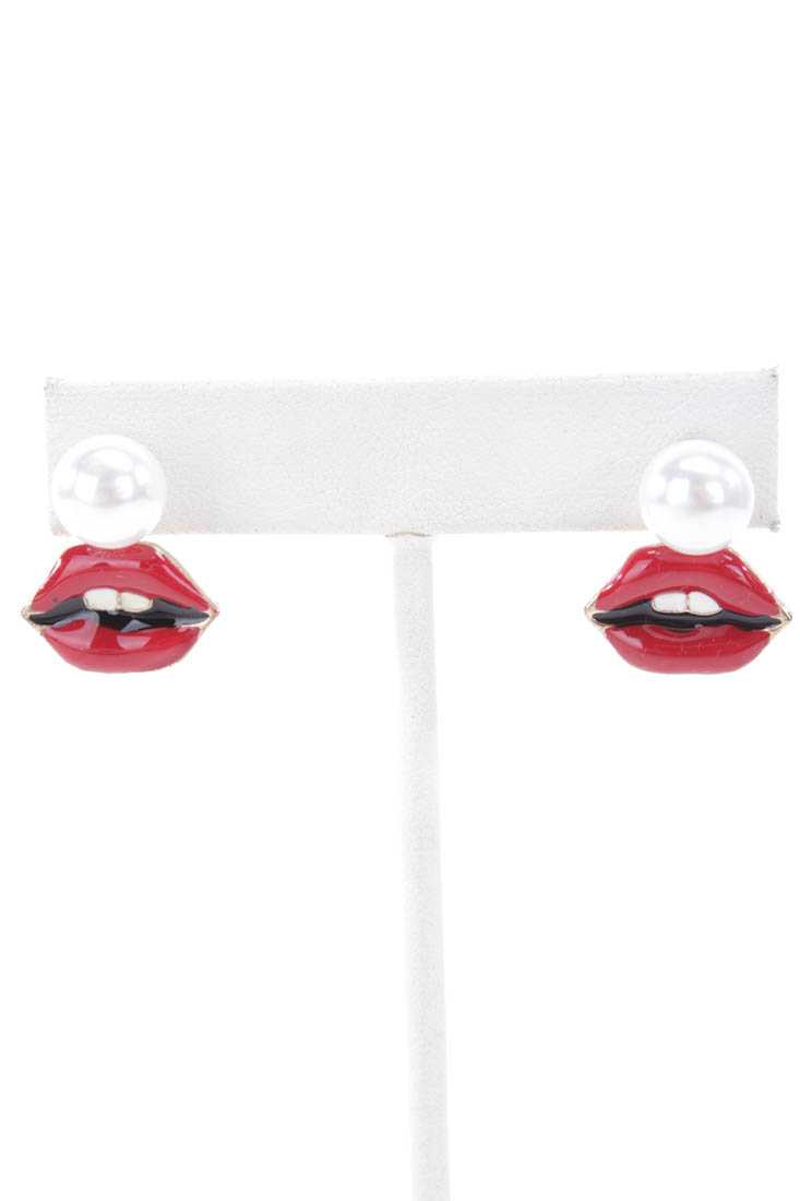Gold Red Dangle Lacquer Finished Lip Earrings