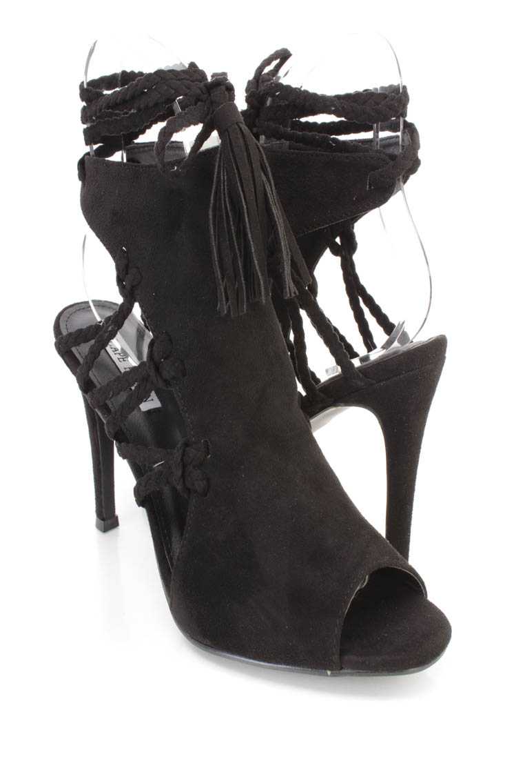 Black Wrap Around Braided Strappy Single Sole High Heels Faux Suede