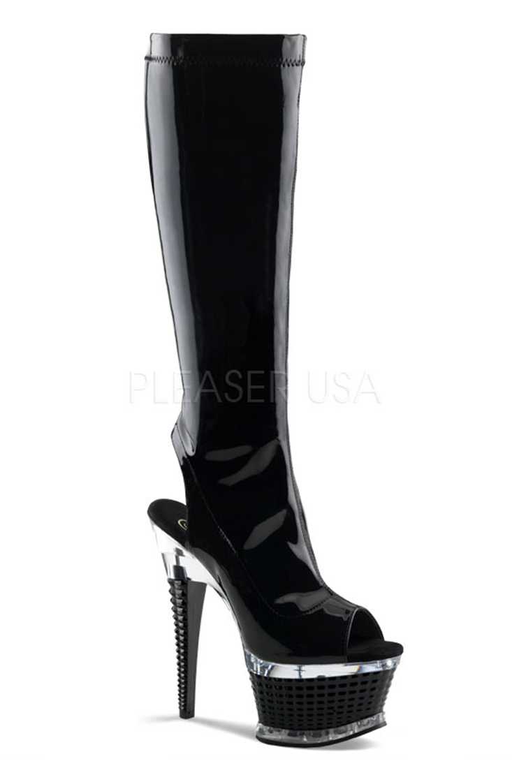 Black Open Toe Knee High Boots Platform Boots Patent
