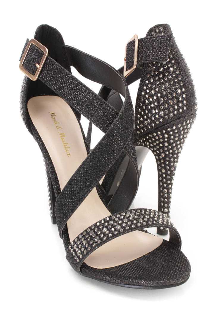 Black Rhinestone Cross Strappy Single Sole Heels Glitter