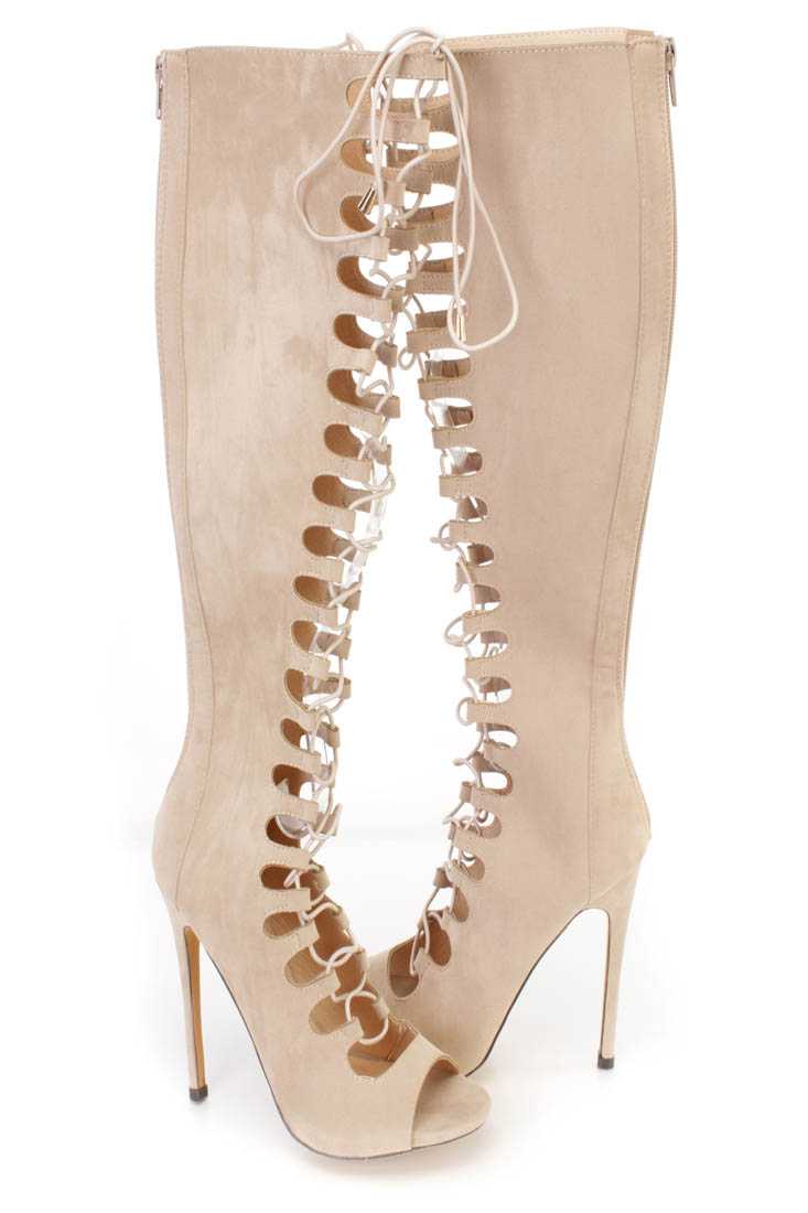 Nude Lace Up Single Sole High Heel Boots Faux Suede