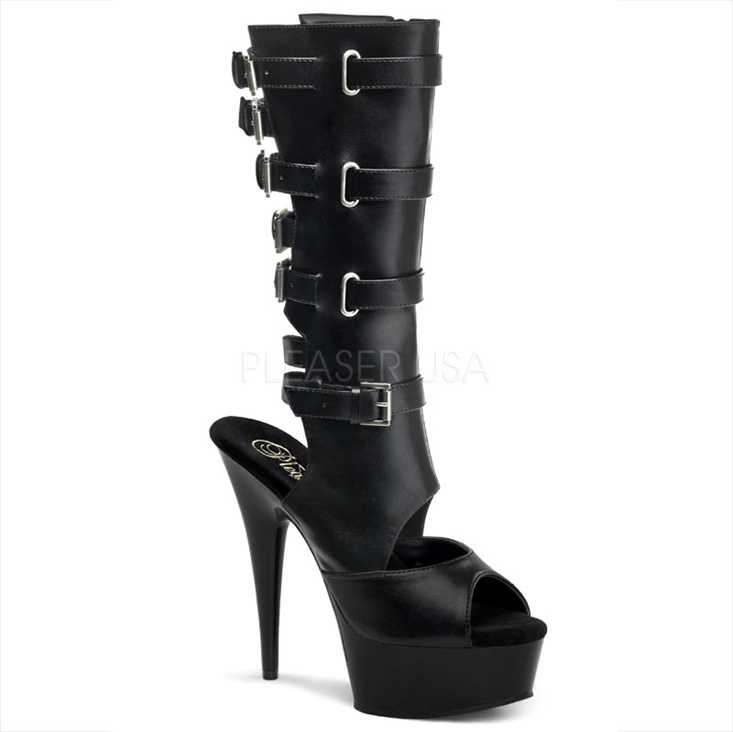 Black Faux Leather Buckle Accent Ankle Mid Calf Boots