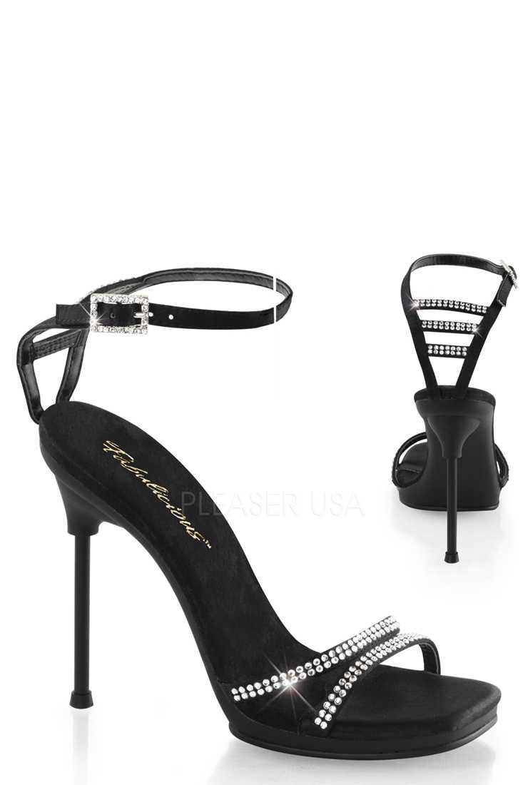 Black Strappy Rhinestone Embellished Satin Sandal High Heels