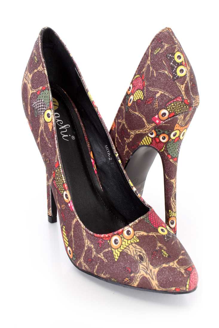 Brown Owl Pattern Single Sole Pump High Heels Fabric