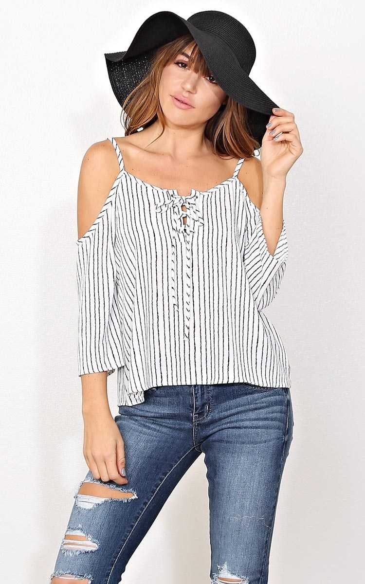 Ocean Voyage Lace Up Knit Top - MED - White/Black in Size Medium by Styles For Less