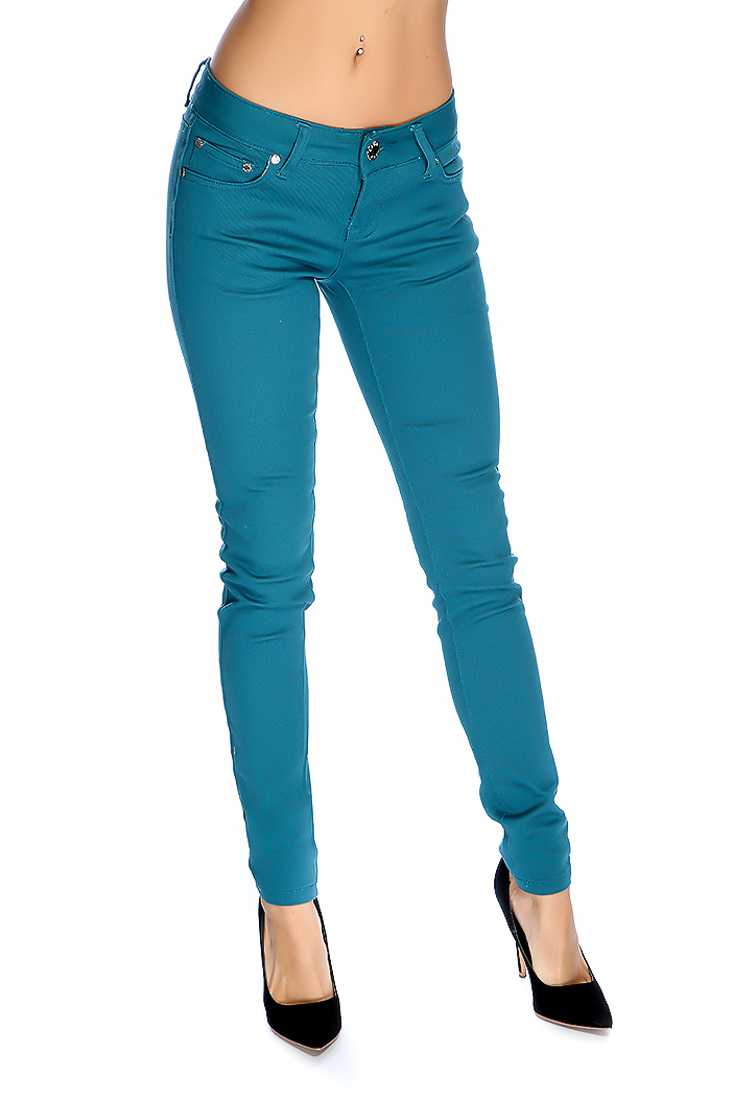 Teal Zip Fly Button Closure Skinny Jeans