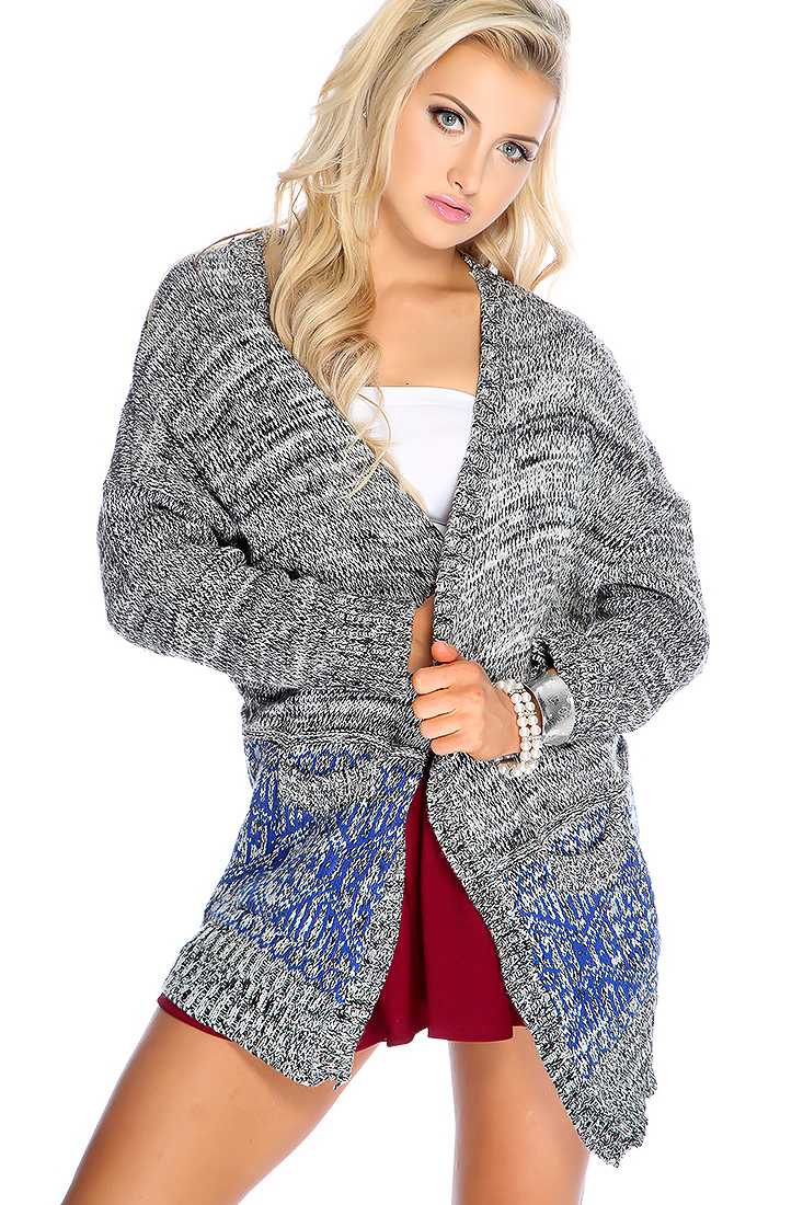 Black Royal Blue Long Sleeve Open Front Causal Cardigan