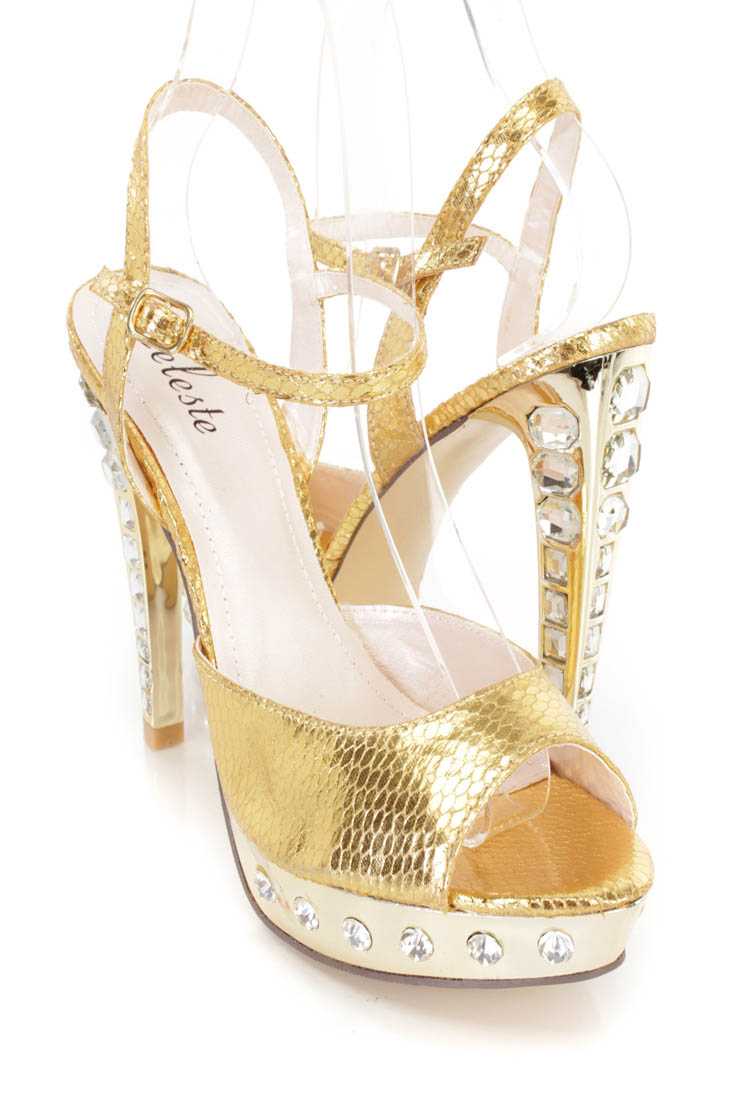 Gold Rhinestone Peep Toe High Heels Faux Leather