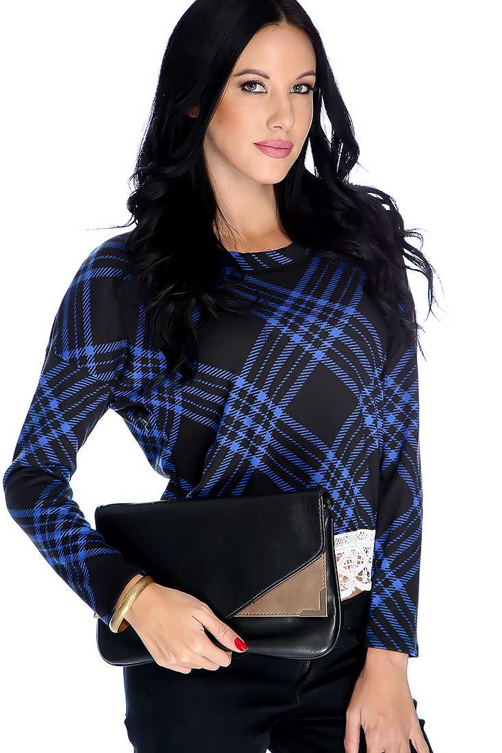 Royal Blue Black Long Sleeve Long Sleeve Two Tone Casual Top