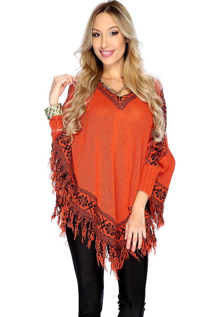 Marigold Knitted V Neck Fringe Hem Casual Fall Poncho