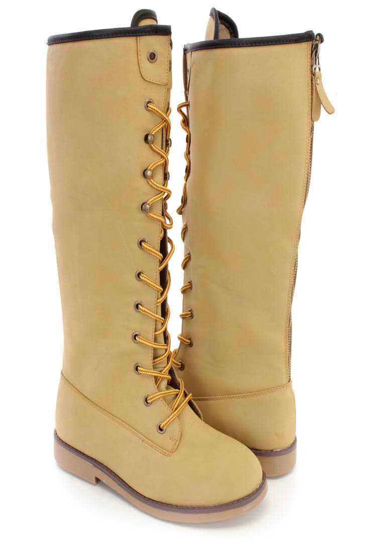 Camel Lace Up Flat Boots Nubuck Faux Leather