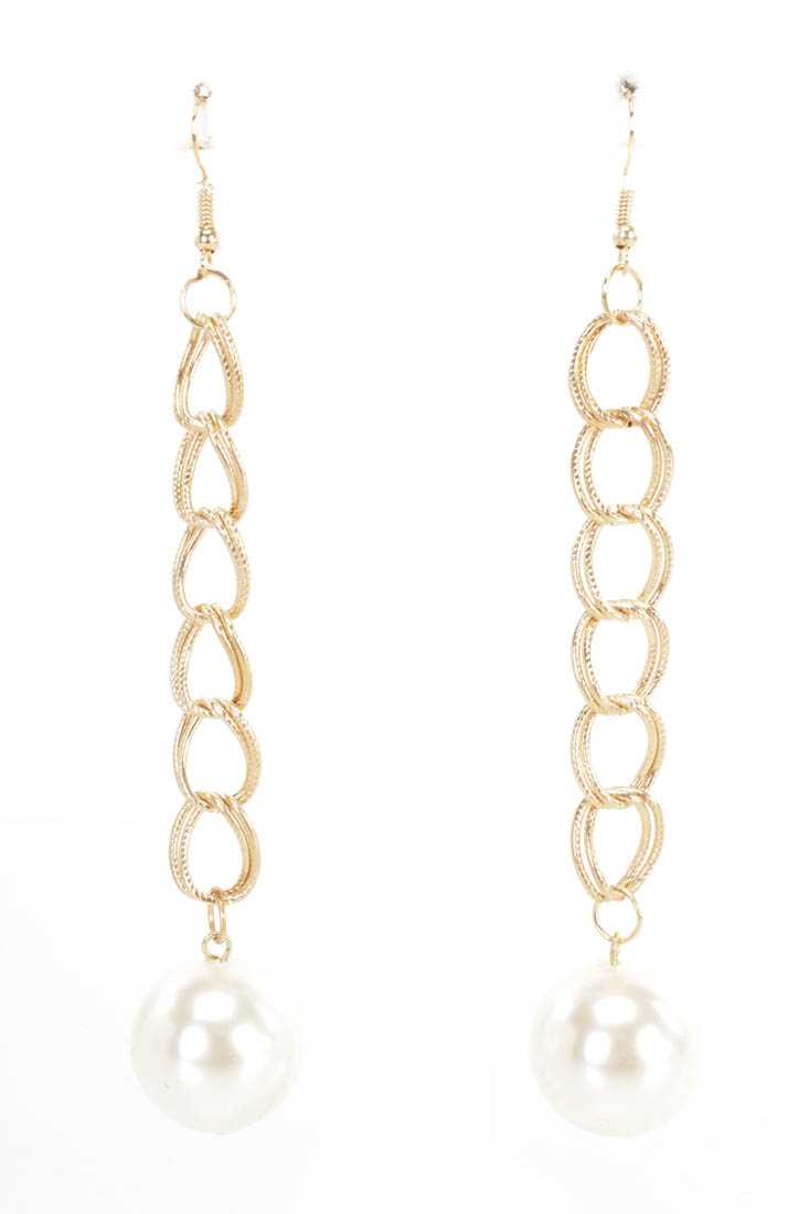 Gold Faux Pearl Beaded Chain Link Earrings