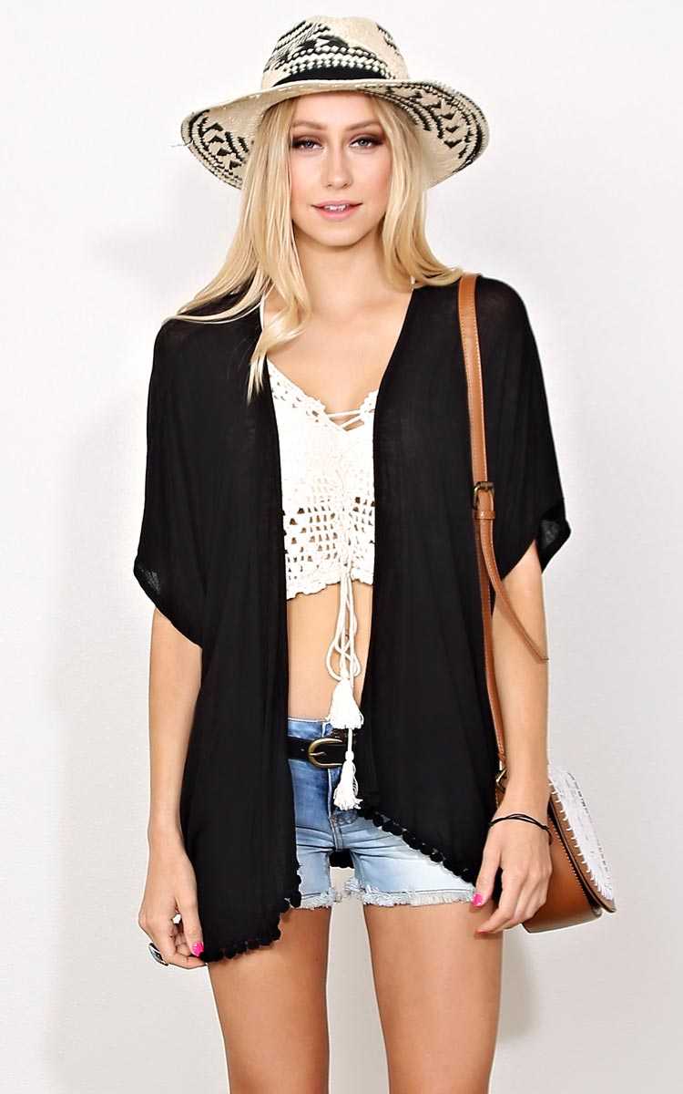 Pom Pom Trim Knit Wrap - - Black in Size by Styles For Less