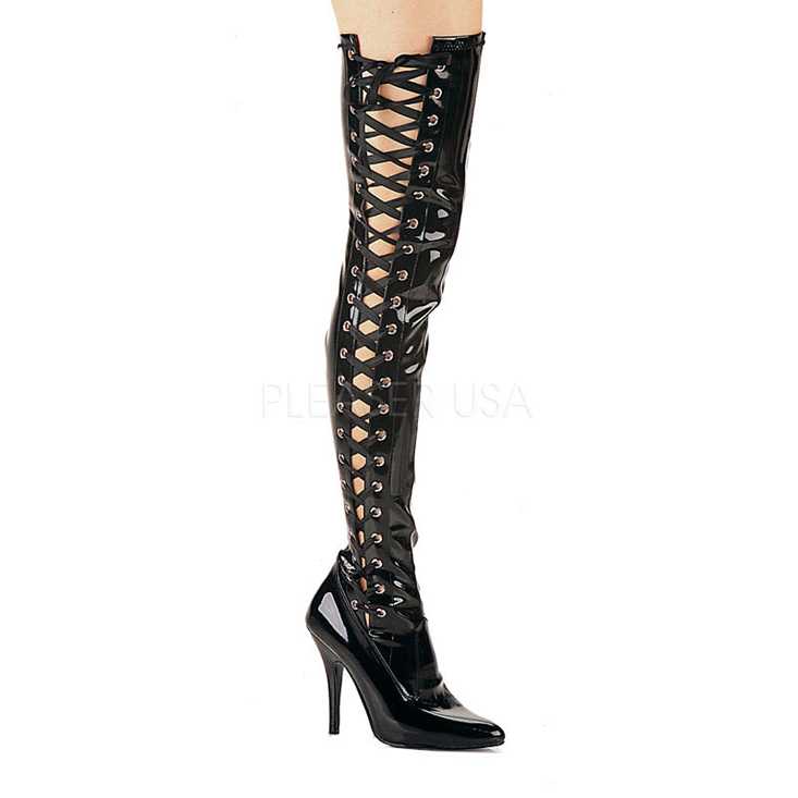 Black Side Corset Thigh High Boots Patent