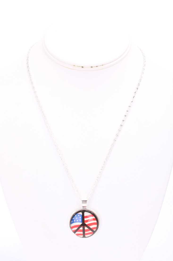 Silver Peace Accent Flag Design Thin Chain Link Necklace
