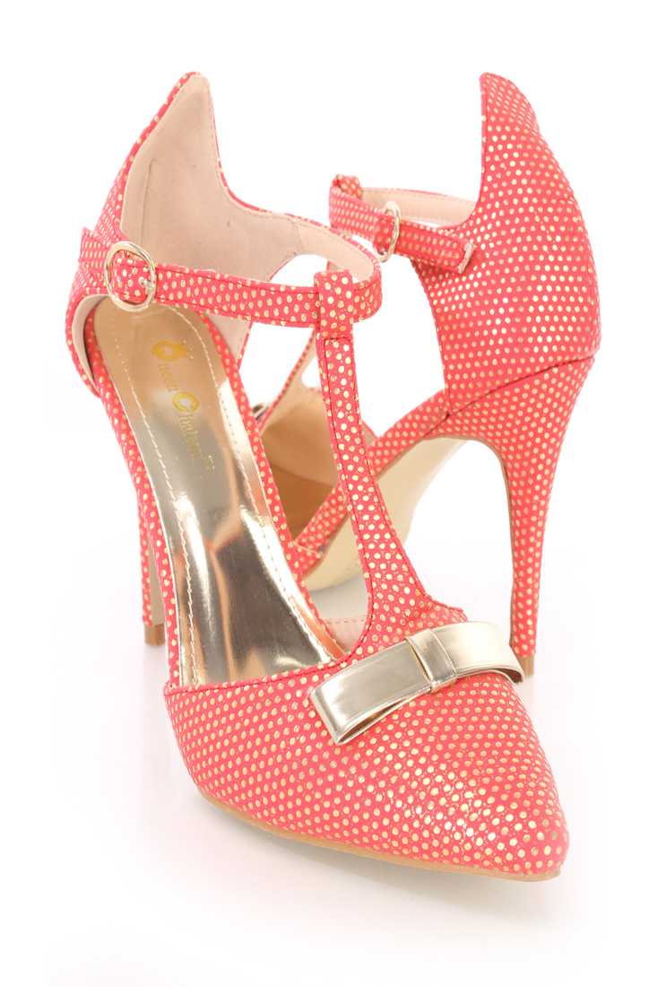 Red Bow Tie T Strap Single Sole High Heels Faux Leather